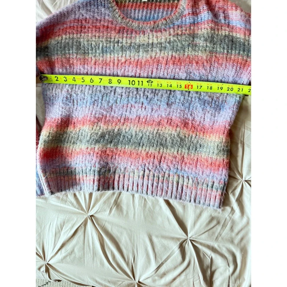 Lisa Todd Womens XS Space Dye Striped Crewneck Sweater Pink Blue Wool Blend Knit